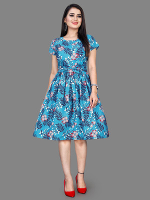 Madhave Women Fit and Flare Multicolor Knee Length Dress