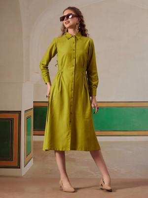 FITHUB Women Ethnic Dress Green Below Knee Dress