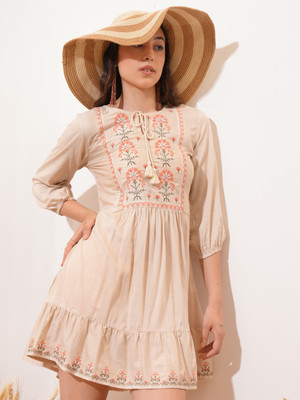 Vishudh Women Fit and Flare Beige Mini/Short Dress