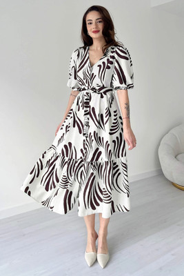 Moda Rapido Women Fit and Flare White, Brown Midi/Calf Length Dress