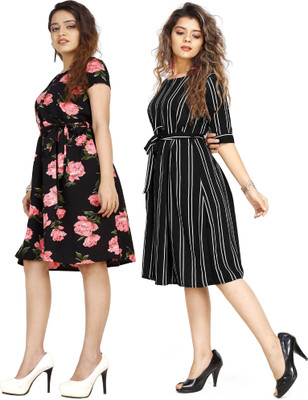 Rinra Women Fit and Flare Multicolor Knee Length Dress
