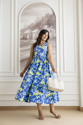NG CREATION Women Fit and Flare Blue, Light Green Midi/Calf Length Dress