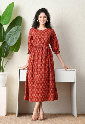 ichaa Women A-line Red Midi/Calf Length Dress