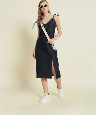 PockMAN Women Bodycon Blue Midi/Calf Length Dress