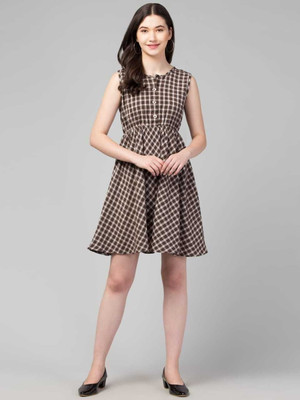 Lucky fashion hubs Women Fit and Flare Brown Above Knee/Mid Thigh Length Dress