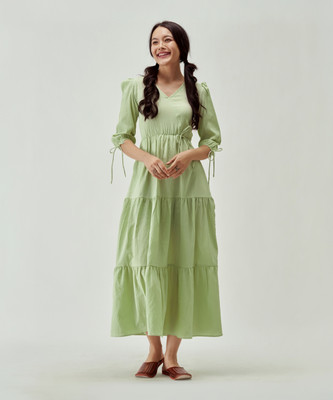 AASK Women Fit and Flare Light Green Ankle Length Dress