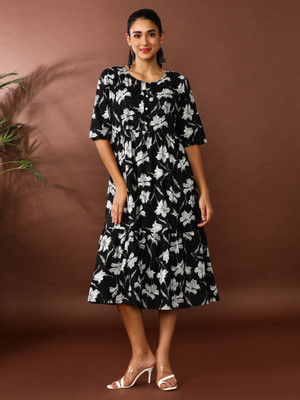 Jaipur Kurti Women A-line Black Midi/Calf Length Dress