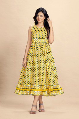 Glomee Women Gathered Yellow Midi/Calf Length Dress