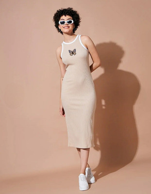 TRENDY ERA Women Bodycon Beige Below Knee Dress