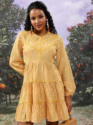 Tokyo Talkies Women Tiered Yellow Above Knee/Mid Thigh Length Dress
