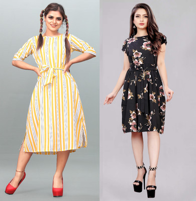 Hiral Creation Women Fit and Flare Multicolor Below Knee Dress