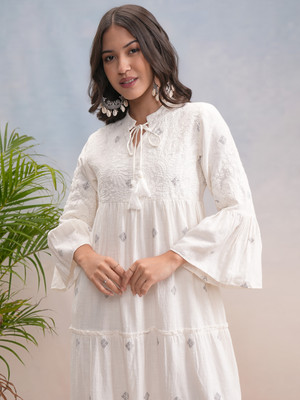 Vishudh Women A-line White Midi/Calf Length Dress