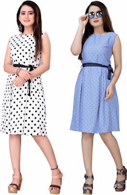 Hiral Creation Women Fit and Flare Blue, White Knee Length Dress