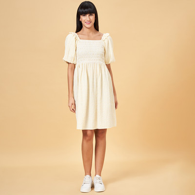 Honey By Pantaloons Women Fit and Flare White, Yellow Below Knee Dress