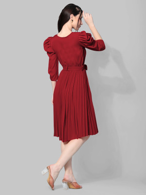 HOUSE OFF COMMON Women Fit and Flare Maroon Knee Length Dress