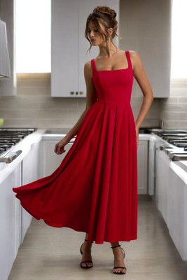 Traquila Women Fit and Flare Red Midi/Calf Length Dress
