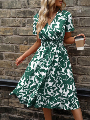 Honky Tonky Women Fit and Flare Green, White Midi/Calf Length Dress