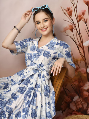 ZWERLON Women A-line Blue, White Midi/Calf Length Dress