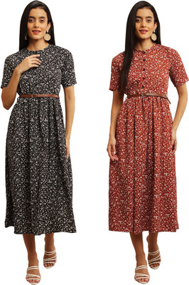 Mamnoon Women Fit and Flare Dark Green, Gold Midi/Calf Length Dress
