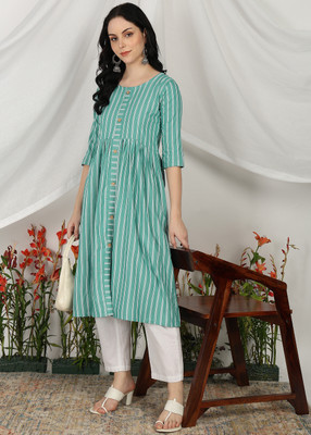 Moda Rapido Women Striped Anarkali Kurta(Green)