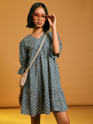 V-MART Women A-line Blue Above Knee/Mid Thigh Length Dress