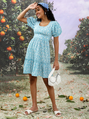 Tokyo Talkies Women Ruffled White, Light Blue Above Knee/Mid Thigh Length Dress