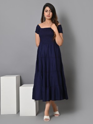 VYMO Women Fit and Flare Dark Blue Dress