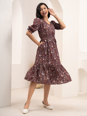 AASK Women Fit and Flare Purple Midi/Calf Length Dress