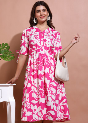 DEHITAFASHION Women Fit and Flare Pink Midi/Calf Length Dress