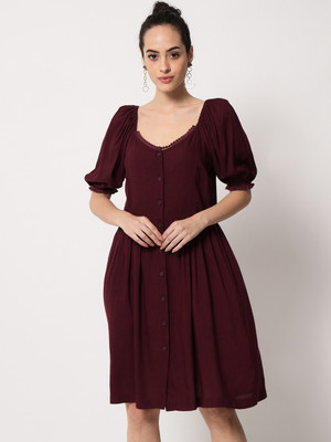 TREND ARREST Women Fit and Flare Maroon Knee Length Dress