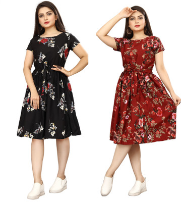 HouseOfCommon Women A-line Black, Maroon Knee Length Dress