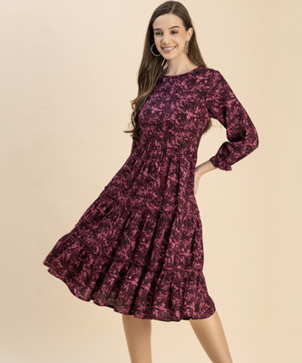 moomaya Women Tiered Pink, Maroon Knee Length Dress