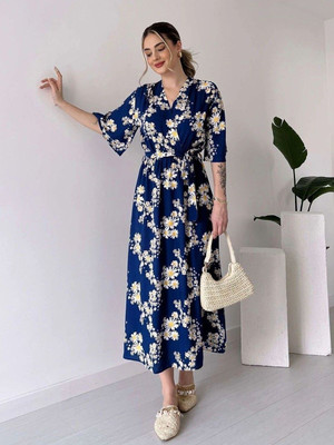 Fashion2wear Women Fit and Flare Dark Blue, White, Yellow Midi/Calf Length Dress
