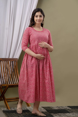 COTTON MULMUL STORE Women A-line Pink Midi/Calf Length Dress