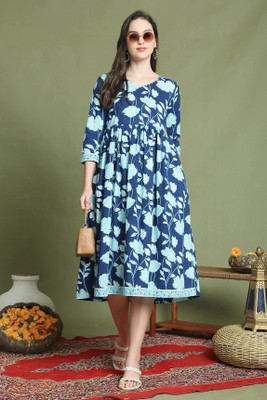 Rajnandini Women A-line Blue Midi/Calf Length Dress