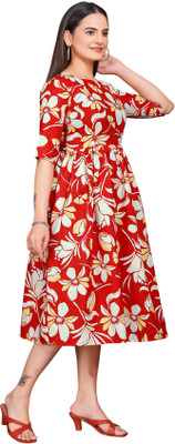 SITARAM FASHIION Women Fit and Flare Red Knee Length Dress