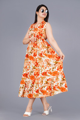 MintMarie Women Fit and Flare Orange Midi/Calf Length Dress