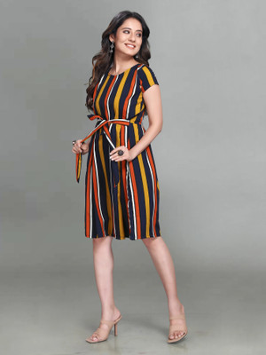 Rinra Women Fit and Flare Multicolor Knee Length Dress