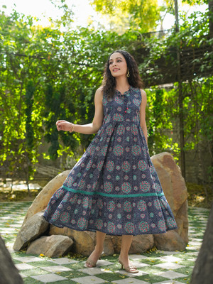 Rain & Rainbow Women Fit and Flare Blue Midi/Calf Length Dress