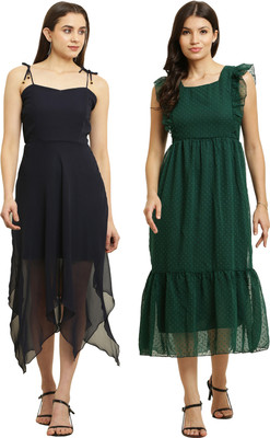 HEAVENS CREATIONS Women High Low Dark Green, Black Knee Length Dress