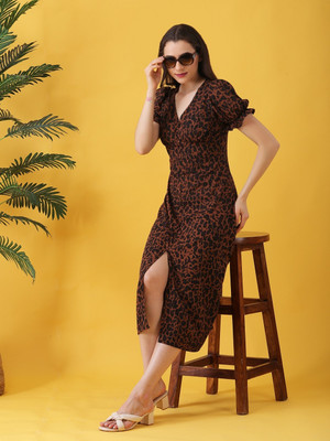 ANVI Be Yourself Women Fit and Flare Brown Midi/Calf Length Dress