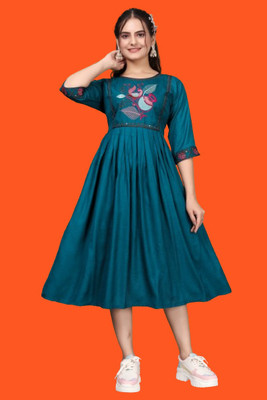 DICHIKA Fashion Women Fit and Flare Green Midi/Calf Length Dress
