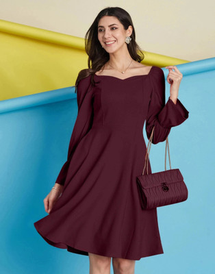 Selvia Women Fit and Flare Maroon Above Knee/Mid Thigh Length Dress