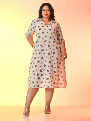 PrettyPlus by Desinoor.com Women A-line Blue, Beige Midi/Calf Length Dress