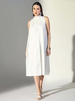 SHOWOFFFF Women A-line White Midi/Calf Length Dress