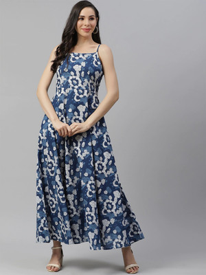DIVENA Women Fit and Flare Blue, Grey Maxi/Full Length Dress