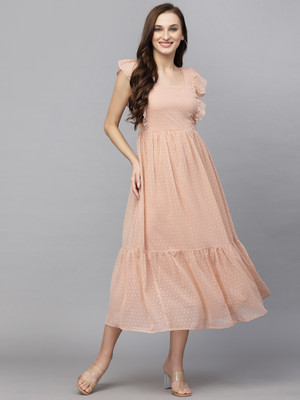 AAYU Women Fit and Flare Pink Midi/Calf Length Dress