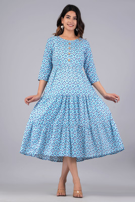 zoxfay Women Fit and Flare Light Blue, White Midi/Calf Length Dress