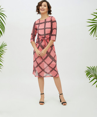 STYLESTONE Women Fit and Flare Black, Pink Midi/Calf Length Dress