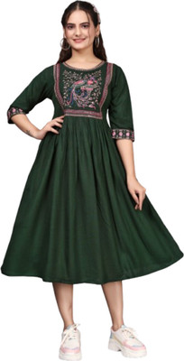 HOC's Women Fit and Flare Green Below Knee Dress